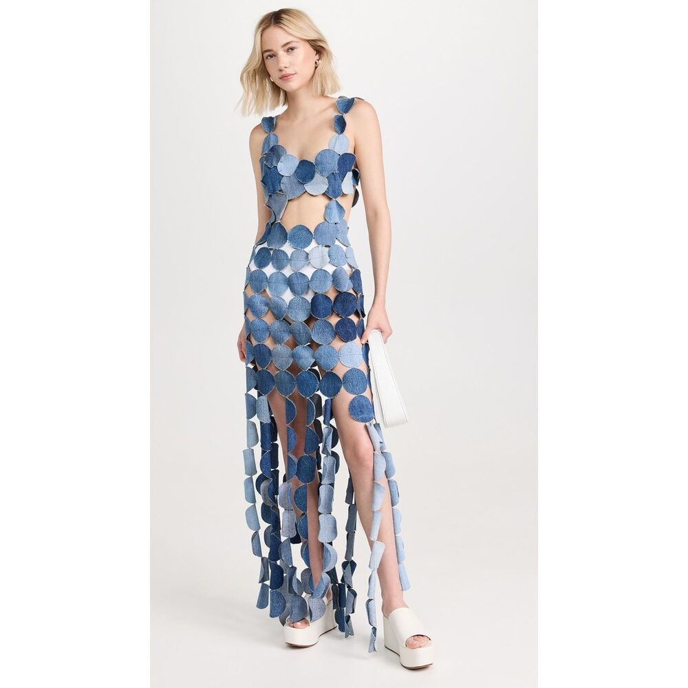 NWT A.W.A.K.E. MODE Upcycled Denim Multi Circle Dress FR 38 / US 4 $1415 - Picture 4 of 13